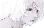  1boy eyelashes face hair_ornament highres long_eyelashes male_focus parted_lips red_eyes simple_background solo suzuya_juuzou tokyo_ghoul upper_body user_hakd4743 white_background white_hair x_hair_ornament 