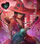  1girl bangs black_hair boots breasts choker cleavage electric_guitar fingerless_gloves gloves green-tinted_eyewear guilty_gear guilty_gear_strive guitar hat highres i-no instrument jacket large_breasts looking_at_viewer mole mole_above_mouth parted_lips red_eyes red_headwear short_hair solo stephanie_sybydlo thigh_boots tinted_eyewear venus_symbol watermark witch_hat 