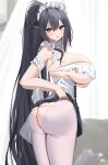  1girl :o absurdres ass ass_cutout azur_lane black_hair breasts clothes_lift clothing_cutout covered_nipples frills green_eyes highres indomitable_(azur_lane) indomitable_(ms._motivationless_maid)_(azur_lane) large_breasts long_hair looking_at_viewer maid nicorima official_alternate_costume pantyhose ponytail skin_tight skirt skirt_lift very_long_hair white_legwear 