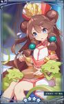  1girl amane_(dragalia_lost) blue_eyes bowl bracelet brown_hair double_bun dragalia_lost dragon dress highres holding holding_bowl holding_spoon jewelry long_hair looking_at_another official_art open_mouth sitting sleeveless sleeveless_dress spoon white_dress 