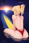  1girl ass blonde_hair casual_one-piece_swimsuit facing_away fate/apocrypha fate/grand_order fate_(series) from_behind highres long_hair mordred_(fate) mordred_(swimsuit_rider)_(fate) ocean one-piece_swimsuit partially_submerged ponytail red_swimsuit scrunchie shiny shiny_hair shiny_skin solo sun sunset surfboard surfing swimsuit wet zealyush 