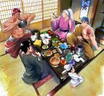  5boys absurdres black_hair blue_hair chef chef_hat chef_uniform chest_tattoo coco_(toriko) cushion ear_piercing eating green_hair green_kimono hair_slicked_back hair_strand hand_on_own_stomach hanging_scroll hat highres japanese_clothes kimono komatsu_(toriko) multicolored_hair multiple_boys open_clothes open_kimono piercing pink_hair pink_kimono plate red_hair rei_(lemon2525) rice scroll scroll_background seiza shamoji sitting soy_sauce sparkle sunny_(toriko) table tatami tattoo toriko toriko_(series) yellow_kimono zabuton zebra_(toriko) 