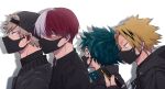  4boys backwards_hat bakugou_katsuki baseball_cap black_headwear black_jacket black_mask blonde_hair blue_eyes boku_no_hero_academia burn_scar cellphone drawstring freckles from_side green_hair hair_between_eyes hat holding holding_phone hood hood_down jacket kaminari_denki long_sleeves looking_at_another male_focus mask midoriya_izuku mouth_mask multicolored_hair multiple_boys phone red_hair scar scar_on_face shadow short_hair smartphone spiked_hair split-color_hair todoroki_shouto two-tone_hair white_background white_hair yuzuka_(2ucchan_ahan) 