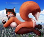  2022 5_fingers aircraft airplane anthro breasts building butt canid canine city cloud destruction digital_media_(artwork) featureless_breasts fingers fox gesture hi_res macro mammal paintchaser sky skyscraper smile solo v_sign 