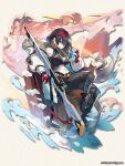  1girl armored_boots black_footwear black_hair black_pants blue_eyes blue_gemstone boots breasts cecile_(dragalia_lost) dragalia_lost full_body fur-trimmed_hood fur_trim gem gloves gun half_gloves holding holding_gun holding_weapon hood jacket long_hair long_sleeves looking_at_viewer medium_breasts mole mole_on_stomach mole_under_mouth navel off_shoulder official_art pants red_gloves rifle shirt sleep_mask sleeveless sleeveless_shirt sniper_rifle weapon white_jacket 