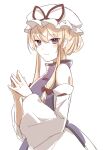  1girl bangs bare_shoulders blonde_hair blush bow detached_sleeves dress eyebrows_visible_through_hair hair_between_eyes hair_up hat hat_ribbon koto_(shiberia39) light_smile long_sleeves looking_at_viewer mob_cap purple_eyes red_ribbon ribbon sidelocks solo steepled_fingers tabard touhou white_background white_dress white_headwear wide_sleeves yakumo_yukari 