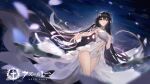  1girl absurdres azur_lane bangs black_hair breasts cloud cloudy_sky commentary_request copyright_name dress eyebrows_visible_through_hair flower green_eyes gujianshaonu hair_flower hair_ornament hand_on_own_chest highres indomitable_(azur_lane) large_breasts logo long_hair looking_away night night_sky official_art parted_lips petals shiny shiny_hair simple_background sky sleeveless sleeveless_dress smile solo thighs turtleneck very_long_hair white_dress 