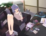  1girl absurdres bangs barefoot blue_hair bookshelf dog eating eyebrows_visible_through_hair hair_ornament hairclip hamster headphones headphones_removed highres indoors looking_at_viewer original red_eyes shirasu_youichi short_hair sitting skirt solo suspender_skirt suspenders 