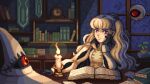  blonde_hair book bookshelf candle candlelight clock eitri_(fire_emblem) fire_emblem fire_emblem_heroes gloves hand_on_own_cheek hand_on_own_face hat highres long_hair lunar_dignity pixel_art plant potted_plant rain red_eyes tapestry tri_tails window 