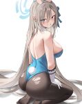  1girl absurdres animal_ears ass asuna_(blue_archive) asuna_(bunny_girl)_(blue_archive) black_legwear blue_archive blue_eyes blue_leotard breasts elbow_gloves eyebrows_visible_through_hair eyes_visible_through_hair fake_animal_ears fake_tail gloves grey_hair grin halo highres large_breasts leotard looking_at_viewer pantyhose playboy_bunny rabbit_ears rabbit_tail seductive_smile smile t373412 tail thighs torn_clothes torn_legwear white_gloves 