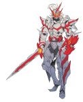  1boy absurdres armor belt breastplate catball1994 clawed_gauntlets clenched_hand clenched_hands dragon elbow_spikes fake_horns fantasy faulds fur_trim gauntlets gorget greaves helmet highres holding holding_sword holding_weapon horned_helmet horns kaenken_rekka kamen_rider kamen_rider_saber kamen_rider_saber_(series) kamen_rider_saber_draconic_knight knight looking_to_the_side male_focus pauldrons plume red_eyes redesign sabaton shoulder_armor shoulder_spikes single_gauntlet single_horn solo spiked_armor spiked_gauntlets spiked_helmet spikes standing sword tokusatsu vambraces visor visor_(armor) weapon white_armor white_background white_fur 