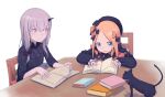  2girls abigail_williams_(fate) absurdres blonde_hair blue_eyes blush book bow cat daisi_gi fate/grand_order fate_(series) hair_bow highres lavinia_whateley_(fate) long_hair long_sleeves looking_at_another multiple_bows multiple_girls open_mouth orange_bow pink_eyes polka_dot polka_dot_bow purple_eyes sitting smile studying white_hair 