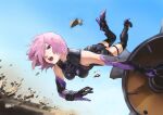  1girl absurdres action armor armored_dress bangs bare_shoulders black_legwear breasts cleavage elbow_gloves fate/grand_order fate_(series) fighting gloves hair_over_one_eye high_heels highres mash_kyrielight open_mouth purple_eyes purple_hair shield short_hair solo teeth tomaro_(katsui_suchika) 