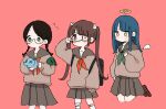  3girls angel_wings armband backpack bag bandaged_leg bandages bandaid bandaid_on_knee bandaid_on_leg bangs black_hair blue_hair blunt_bangs blush_stickers braid brown_hair bunny_hair_ornament dot_mouth eyepatch floating glasses green_eyes hair_ornament halo hand_on_own_chest heart heart-shaped_pupils highres jitome long_hair long_sleeves medical_eyepatch multiple_girls neckerchief original parted_bangs pleated_skirt red_eyes school_uniform serafuku skirt symbol-shaped_pupils twin_braids v_over_eye watering_can wings wolf_gugu yellow_eyes 