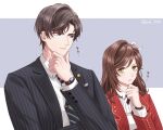  1boy 1girl absurdres artem_wing_(tears_of_themis) artist_name bel_3001 black_jacket black_necktie blue_eyes brown_hair closed_mouth formal green_hair hair_ornament hand_on_own_chin highres jacket long_sleeves looking_at_another looking_at_viewer necktie polo_shirt purple_background red_jacket rosa_(tears_of_themis) shirt short_hair tears_of_themis watch white_shirt wristwatch 
