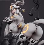 animal_print big_breasts blizzard_entertainment blush bodily_fluids bra breasts butt clothing cow_print draenei female hi_res horn horned_humanoid huge_breasts humanoid impracticalart lactating legwear looking_back milk not_furry panties presenting presenting_hindquarters solo thigh_highs underwear video_games warcraft 