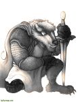  absurd_res anthro badger chainmail hi_res kneeling knight male mammal melee_weapon mustelid musteline solo sword warrior weapon yagi_b._(artist) 