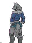  absurd_res animous anthro boots bottomwear canid canine canis clothed clothing cutoffs denim denim_clothing denim_jacket female fingerless_gloves fluffy fluffy_tail footwear fur glare gloves grey_body grey_fur hair handwear hi_res jacket legwear looking_at_viewer mammal midriff res scar shorts simple_background solo thigh_boots thigh_highs topwear velvela white_background wolf yellow_eyes 
