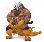  abs anthro balls bandai_namco bodily_fluids boston_crab cum digimon digimon_(species) duo erection fan_character genital_fluids genitals hi_res maldu male male/male muscular muscular_anthro muscular_male nipples nude pecs penis scalie wargreymon wrestling 