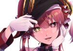  +_+ 1girl absurdres arrow_through_heart bicorne black_headwear blush collar commentary eyebrows_visible_through_hair face fangs frilled_collar frills gloves hair_between_eyes hair_ribbon hand_on_own_face hat head_tilt heterochromia highres hololive houshou_marine jacket long_hair long_sleeves looking_at_viewer open_mouth pirate_hat rainbow red_hair red_jacket red_ribbon ribbon simple_background smile solo sparkling_eyes twintails uzaro5656 virtual_youtuber white_background white_gloves 