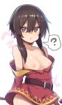  1girl :o ? bangs bare_shoulders belt blush breasts breasts_out brown_belt brown_hair chipa_(arutana) collarbone confused dress eyebrows_visible_through_hair hair_between_eyes holding holding_staff kono_subarashii_sekai_ni_shukufuku_wo! looking_at_viewer medium_breasts megumin nipples no_bra no_panties off_shoulder open_mouth parted_lips red_dress red_eyes shiny short_hair_with_long_locks sidelocks simple_background solo speech_bubble spoken_question_mark staff translation_request white_background 