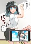  1girl 1other :d ^_^ arms_up bangs black_hair black_shorts blue_eyes blue_hair blush breasts cellphone closed_eyes commentary_request cone_hair_bun eyebrows_visible_through_hair hair_between_eyes highres holding holding_phone kurata_rine multicolored_hair original own_hands_together phone shirt short_shorts short_sleeves shorts small_breasts smile solo_focus tears teeth translation_request two-tone_hair upper_teeth v-shaped_eyebrows white_shirt 