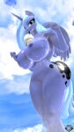  absurd_res anthro areola big_breasts big_butt blue_eyes blue_hair breasts butt drinking equid equine friendship_is_magic hair hands-free_bubble_tea hasbro hi_res horn looking_at_viewer low-angle_view mammal meme my_little_pony naughty_cube nipples princess_luna_(mlp) straw wide_hips winged_unicorn wings 
