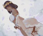 1girl armlet ass bare_shoulders bra bright_pupils cowboy_shot dark-skinned_female dark_skin dutch_angle egyptian from_behind highres kumanz lingerie lips looking_at_viewer medium_hair menat parted_lips petals purple_nails signature solo street_fighter street_fighter_v thighhighs underwear white_background white_bra white_pupils 