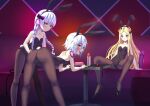  3girls abigail_williams_(fate) ahoge animal_ears ass bare_shoulders belt black_legwear blonde_hair blue_eyes blush breasts eyebrows_visible_through_hair fake_animal_ears fate/apocrypha fate/grand_order fate_(series) female_child gloves green_eyes grey_hair jack_the_ripper_(fate/apocrypha) looking_at_viewer multiple_girls navel nursery_rhyme_(fate) nzz paid_reward_available pantyhose pink_eyes playboy_bunny rabbit_ears rabbit_tail scar scar_on_face sex_toy short_hair single_glove small_breasts solo tail tattoo 