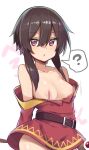  1girl :o ? areola_slip bangs bare_shoulders belt belt_buckle blush breasts breasts_out brown_belt brown_hair buckle chipa_(arutana) cleavage collarbone commentary_request confused dress eyebrows_visible_through_hair hair_between_eyes highres holding holding_staff kono_subarashii_sekai_ni_shukufuku_wo! long_hair looking_at_viewer medium_breasts megumin motion_lines no_panties off_shoulder open_mouth parted_lips red_dress red_eyes short_hair short_hair_with_long_locks sidelocks simple_background smears solo speech_bubble spoken_question_mark staff translation_request wardrobe_malfunction white_background 
