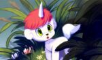  2013 cherrysnakecat child day digital_drawing_(artwork) digital_media_(artwork) equid equine feral flower fur grass green_eyes hair horn male mammal osamu_tezuka pink_hair plant sanrio solo standing unico unico_(series) unicorn white_body white_fur young 