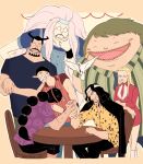  1girl 6+boys arm_wrestling beard bird black_hair blonde_hair blueno casual chair clenched_teeth closed_eyes cp9 facial_hair fukurou_(one_piece) glasses grin hattori_(one_piece) jabra_(one_piece) kaku_(one_piece) kalifa kumadori long_hair multiple_boys one_piece open_mouth pigeon rob_lucci short_hair sitting smile struggling sutaneko table teeth 