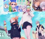  1boy 2girls abigail_williams_(fate) absurdres bangs belt black_bow black_headwear black_jacket blonde_hair blush bow breasts daisi_gi fate/grand_order fate/grand_order_arcade fate_(series) food glasses grey_hair grey_jacket hair_bow happy hat highres hood hooded_jacket ice_cream jacket jacques_de_molay_(foreigner)_(fate) jacques_de_molay_(saber)_(fate) large_breasts long_hair long_sleeves multiple_girls multiple_hair_bows multiple_views open_clothes open_jacket open_mouth orange_bow parted_bangs photo_(object) short_hair skirt small_breasts smile swimsuit 