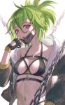  1girl :o absurdres ahoge alternate_costume arupaoka bangs bare_shoulders bikini black_bikini black_gloves black_jacket black_mask breasts chain chest_belt cleavage collarbone commentary eyebrows_visible_through_hair fingerless_gloves genshin_impact gloves green_hair hair_between_eyes highleg highleg_bikini highres jacket kuki_shinobu looking_at_viewer mask mask_pull medium_breasts mouth_mask navel off_shoulder open_clothes open_jacket ponytail purple_eyes sidelocks signature simple_background solo standing stomach swimsuit teeth upper_body upper_teeth white_background 