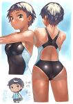  1girl ass black_hair black_swimsuit breasts chibi closed_mouth competition_swimsuit copyright_request covered_navel from_behind highres looking_at_viewer medium_breasts multiple_views one-piece_swimsuit red_eyes shiden_(sashimi_no_wife) short_hair swimsuit tan tanlines upper_body 