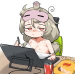  1girl bangs bare_shoulders blush breast_rest breasts breasts_on_table can chair chips cleavage collarbone commentary_request eye_mask food grey_hair half-closed_eyes highres huge_breasts key lay&#039;s long_hair looking_at_viewer low-tied_long_hair mask mask_on_head mixed-language_commentary monkey off_shoulder office_chair on_chair original potato_chips saru_(monkey_magic3) shirt simple_background sitting soda_can solo stylus sweat sweating_profusely twintails upper_body white_background white_shirt 