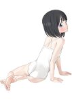  1girl akebi-chan_no_serafuku akebi_kao barefoot black_hair blue_eyes casual_one-piece_swimsuit commentary_request easy_(aqk7bdqt) from_behind full_body looking_at_viewer looking_back one-piece_swimsuit short_hair simple_background sitting solo swimsuit white_background white_swimsuit yokozuwari 