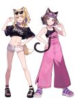  2girls :q absurdres animal_ears armpits bare_shoulders black_bra black_shirt blonde_hair bra brown_hair cat_ears cat_girl cat_tail closed_mouth clothes_writing collarbone colored_inner_hair crop_top crop_top_overhang eyewear_on_head fox_ears fox_girl fox_tail full_body hand_on_hip hand_up heart heart-shaped_eyewear highres jumpsuit kmnz long_legs looking_at_viewer mc_lita mc_liz midriff multicolored_hair multiple_girls nail_polish navel off-shoulder_shirt off_shoulder one_eye_closed pink_eyes ponytail purple_eyes sandals shirt short_hair short_shorts short_sleeves shorts shugao simple_background stomach sunglasses tail thighs toenail_polish toenails tongue tongue_out underwear virtual_youtuber w white_background white_shorts 