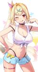  1girl ;q arm_up armpits bare_arms bare_shoulders black_choker blonde_hair blue_shorts bra_strap breasts choker cleavage closed_mouth cowboy_shot crop_top front-tie_top hair_ornament hair_ribbon hairclip hand_on_hip highleg highres hoshikawa_sara large_breasts long_hair looking_at_viewer midriff navel nijisanji one_eye_closed open_fly red_eyes ribbon shirt short_shorts shorts side_ponytail simple_background sleeveless sleeveless_shirt smile solo standing stomach strap_slip tank_top thigh_strap thighs tongue tongue_out very_long_hair virtual_youtuber white_background white_shirt x_hair_ornament zaxwu 