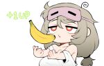  1girl 1up ahoge banana bangs bare_shoulders breasts bright_pupils commentary_request eye_mask food fruit grey_hair huge_breasts korean_commentary long_hair low-tied_long_hair lowres mask mask_on_head off_shoulder original red_eyes saru_(monkey_magic3) shirt simple_background solo swirl t-shirt twintails upper_body white_background white_pupils white_shirt 