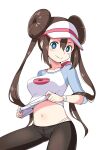  1girl bra_strap breasts bright_pupils brown_legwear closed_mouth clothes_lift collarbone double_bun large_breasts lifted_by_self long_hair long_sleeves looking_at_viewer midriff navel panties panties_under_pantyhose pantyhose pokemon pokemon_(game) pokemon_bw2 raglan_sleeves rosa_(pokemon) shirt shirt_lift sitting smile solo stomach twintails underwear v-shaped_eyebrows visor_cap watch white_panties white_shirt wristwatch zaxwu 