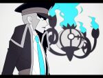  1boy black_coat black_headwear blue_eyes blue_necktie blurry chandelure coat collared_shirt dress_shirt from_side grey_hair hat high_collar ingo_(pokemon) jaho letterboxed long_sideburns male_focus necktie open_clothes open_coat peaked_cap pokemon pokemon_(creature) pokemon_(game) pokemon_bw shirt short_hair sideburns trench_coat upper_body white_shirt 