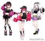  3girls alternate_costume arm_up bare_shoulders baseball_cap belt black_choker black_hair black_headwear black_shirt black_shorts breasts choker crop_top crop_top_overhang full_body gloves gradient_hair grin hairband hands_up hat hat_removed headwear_removed heterochromia hololive houshou_marine jacket kneehighs leaning_forward long_sleeves looking_at_viewer medium_breasts midriff miniskirt multicolored_hair multiple_girls murasaki_shion navel off_shoulder official_art open_clothes open_jacket pink_jacket pleated_skirt purple_skirt red_eyes red_gloves red_hair red_jacket roboco-san shirt shoes short_hair short_shorts shorts shugao side_bun skirt sleeveless sleeveless_shirt smile sneakers socks spaghetti_strap standing stomach thighs v virtual_youtuber white_hair white_jacket white_shorts wide_sleeves yellow_eyes 