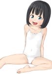  1girl akebi-chan_no_serafuku akebi_kao barefoot black_hair blue_eyes casual_one-piece_swimsuit collarbone commentary_request easy_(aqk7bdqt) flat_chest looking_at_viewer one-piece_swimsuit short_hair simple_background sitting solo swimsuit upper_body white_background white_swimsuit 