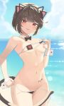  1girl animal_ears bangs bikini bikini_pull black_bow black_bowtie black_tail blurry blurry_background blush bow bowtie breasts brown_hair cat_ear_hairband cat_tail clothes_pull cloud commission cowboy_shot detached_collar eyebrows_visible_through_hair eyepatch_bikini fake_animal_ears groin heart heart_print highres looking_at_viewer micro_bikini mole mole_under_eye navel nipples one_breast_out open_mouth original red_eyes short_hair side-tie_bikini sky small_breasts solo stomach string_bikini swimsuit tail tattoo thighs tongue tongue_out twin_(tt_lsh) undressing untied untied_bikini wrist_cuffs 