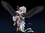 1girl abs antler_ornament belt bird_legs bird_tail black_feathers black_wings breasts brown_eyes cape cleavage commentary_request commission dark-skinned_female dark_skin digitigrade feather_hair feathered_wings feathers flying fur_cape fur_skirt grey_hair hair_tubes harpy highres kizuta_(barometz) large_breasts long_hair medium_hair midriff monster_girl navel night night_sky original skeb_commission sky solo tail talons thank_you twitter_username white_feathers winged_arms wings 