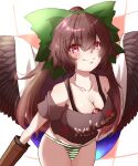  1girl absurdres bird_wings black_shirt black_wings bow breasts brown_hair cape cleavage clothes_writing collarbone green_bow green_stripes gumi_(fwjn7284) hair_bow highres horizontal_stripes large_breasts long_hair off-shoulder_shirt off_shoulder panties red_eyes reiuji_utsuho shirt smile solo starry_sky_print striped striped_panties t-shirt third_eye touhou underwear white_cape wings 