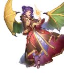  1girl bangs capelet closed_mouth dragon_girl dragon_wings dragonstone dress essual_(layer_world) fire_emblem fire_emblem:_the_sacred_stones fire_emblem_heroes floating floating_object full_body gem gold_trim hair_ornament hands_up highres hood hood_down jewelry long_hair looking_at_viewer myrrh_(fire_emblem) non-web_source official_art red_eyes sandals short_dress skirt smile solo spread_wings stone toeless_footwear toes transparent_background twintails white_skirt wings wristband 