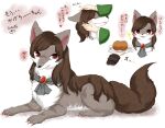  1226_waka animal_ears animalization brooch brown_fur brown_hair brown_tail claws disembodied_limb drooling food headpat highres imaizumi_kagerou_(wolf) jewelry long_hair meat red_eyes saliva sekibanki touhou tray wakasagihime white_background white_fur wolf wolf_ears 