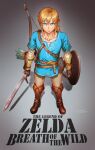  1boy arrow_(projectile) blonde_hair blue_eyes boots bow_(weapon) brown_footwear brown_gloves copyright_name fingerless_gloves from_above full_body gloves highres link male_focus pointy_ears serious sgk sheikah_slate shield signature solo sword the_legend_of_zelda the_legend_of_zelda:_breath_of_the_wild tunic weapon wooden_shield 